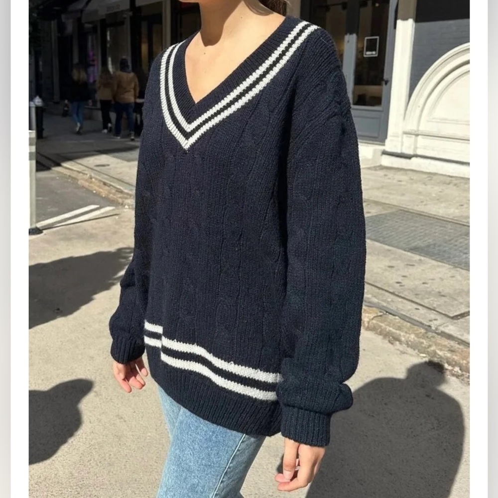 BRANDY MELVILLE Navy Blue Wool V Neck Sweater One Size Cable Knit NWOT